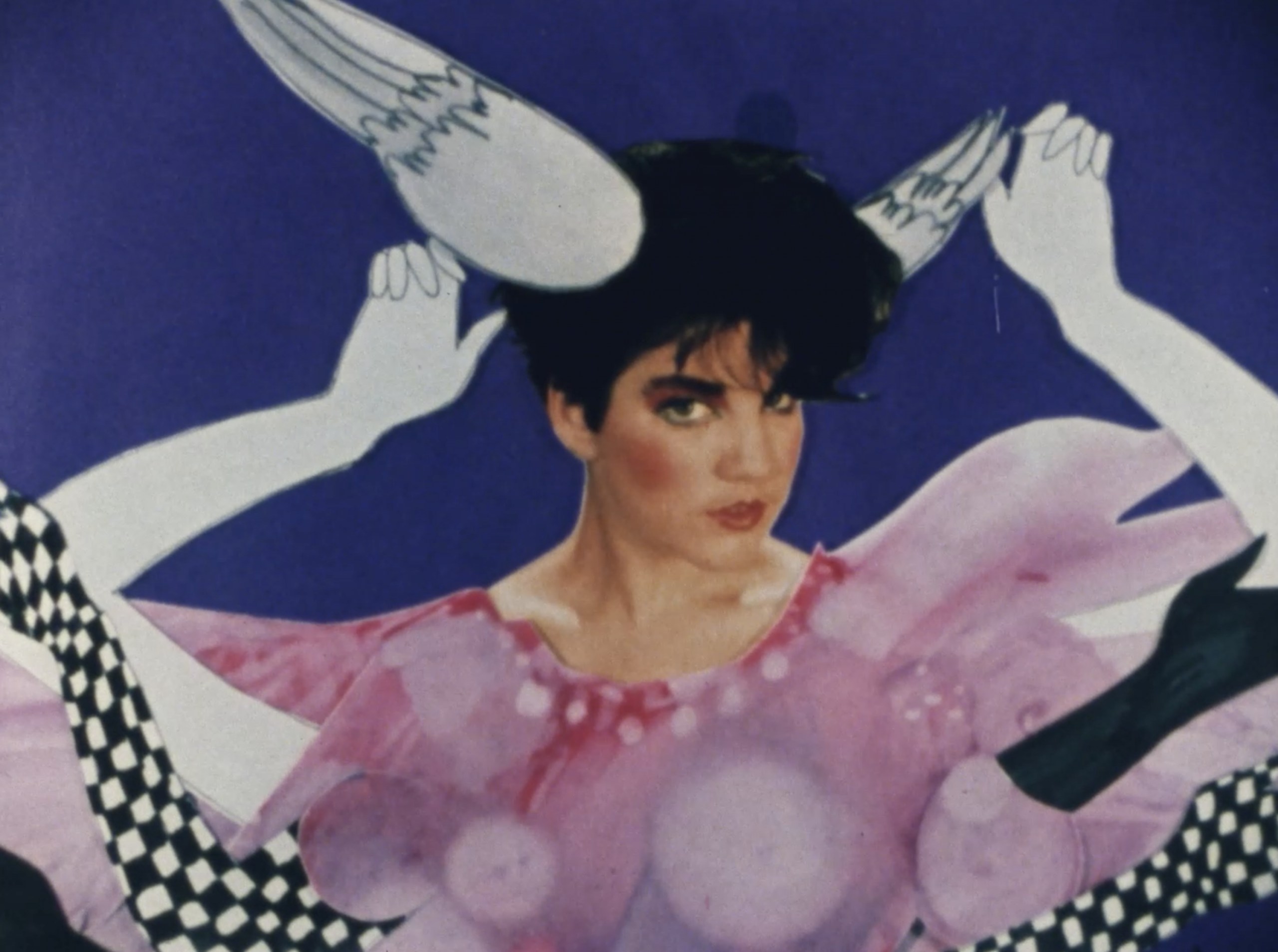 A woman will hand-drawn arms, and wings on her head.