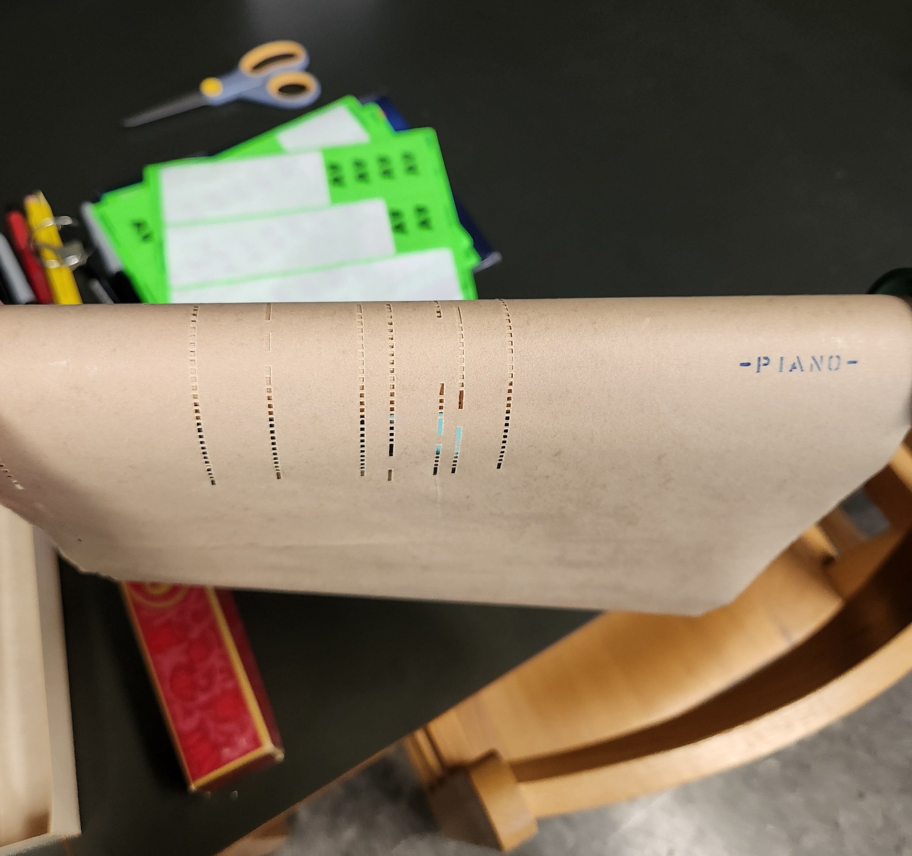Close-up detail of a piano roll from the Jimmy Van Heusen collection (PASC-M 127). It counts as A/V! (Photo: Morgan Christie)