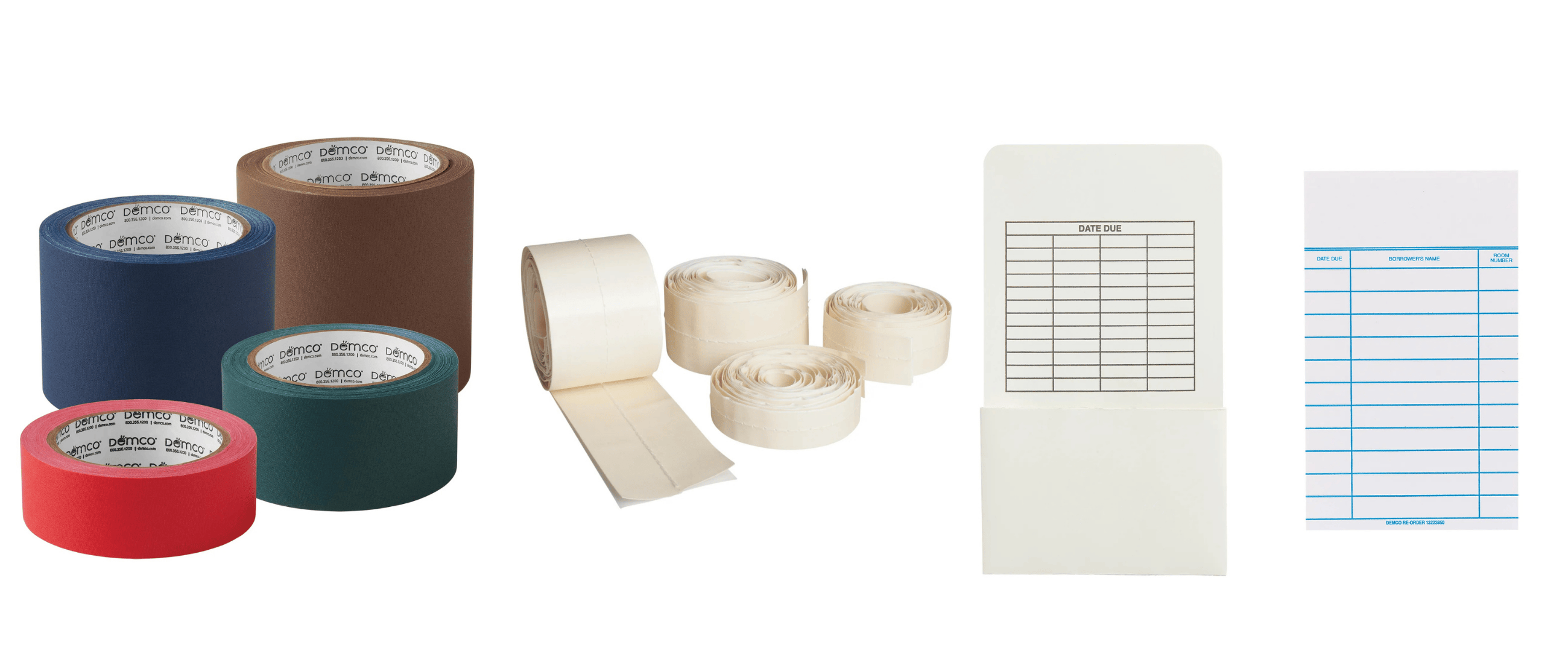 Demco® Cloth tape, Single-stitch binder tape, Book pocket, and Checkout cards