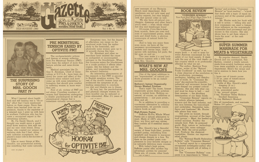 Mrs. Gooch’s Natural Food Store produced “The Gazette” which shared information about Sandy Gooch and the store, July/August 1980 (UCLA Library Special Collections)