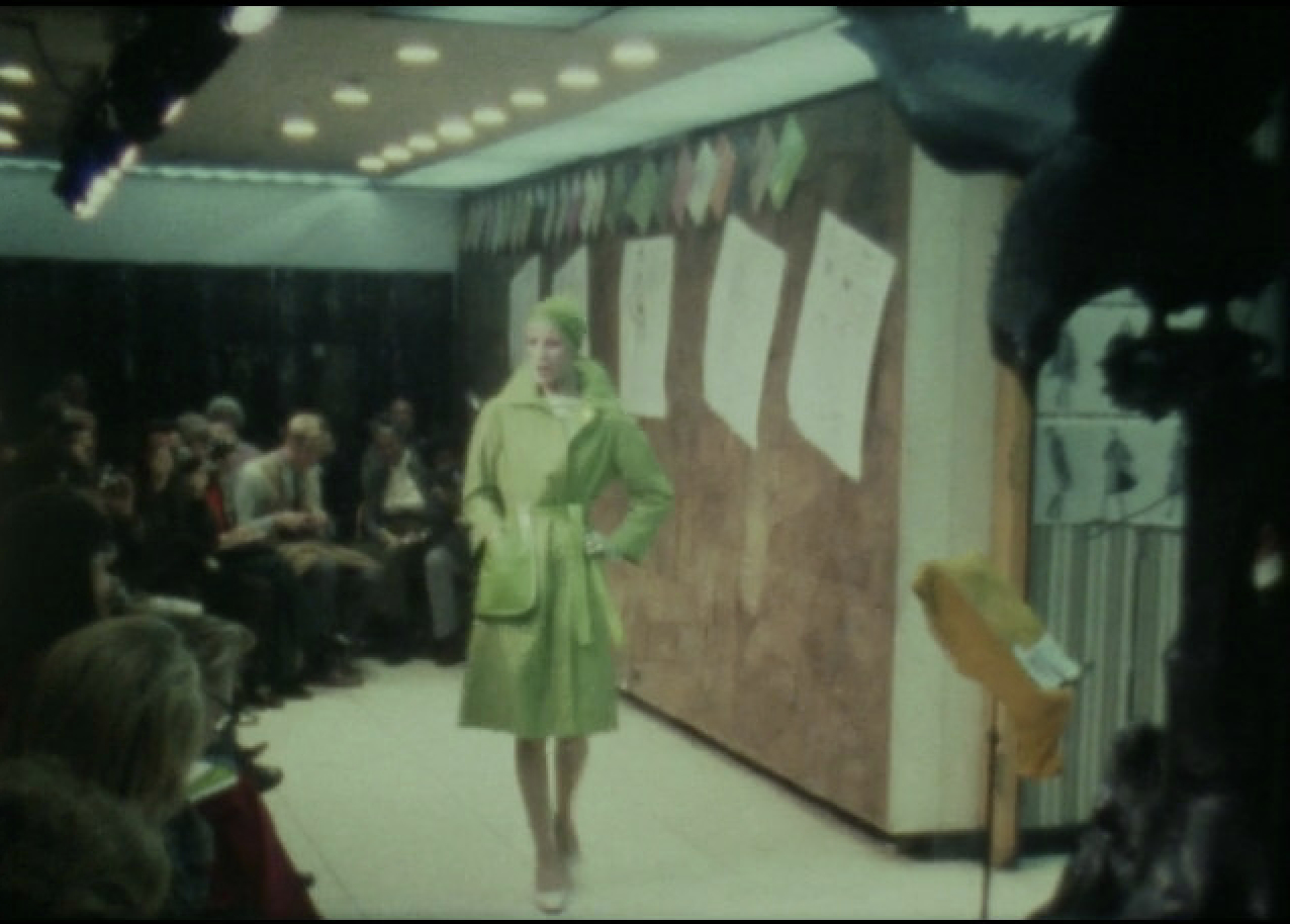 Still from a Super 8mm film labeled “Sills & Co. Fashion Show” in the Bonnie Cashin Collection of Fashion, Theater and Film Costume Design.