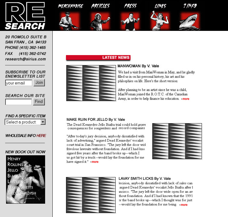 Screenshot of .html file of RE/Search website, ca. 2001