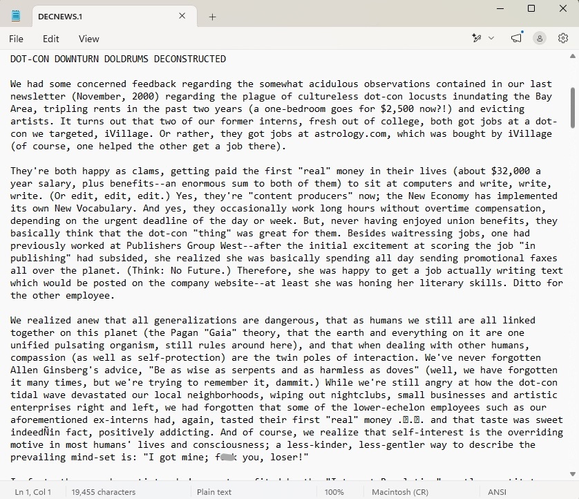RE/Search newsletter article, ca. 2000