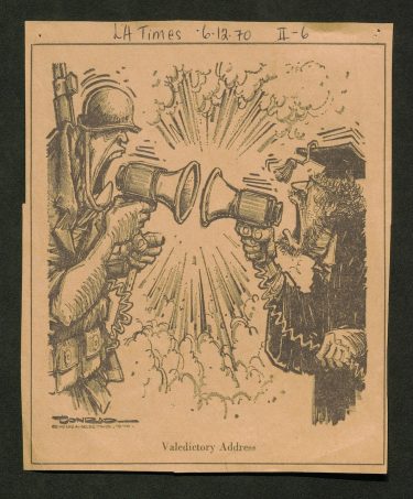 “Valedictory Address” political cartoon of a man in tactical gear and a man in a graduation cap and gown yelling at each other with megaphones.