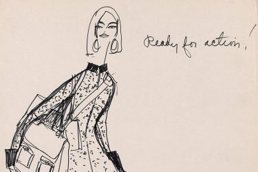 Sketch of woman with hoop earrings carrying a bag with two front pockets; "Ready for action!" on the right