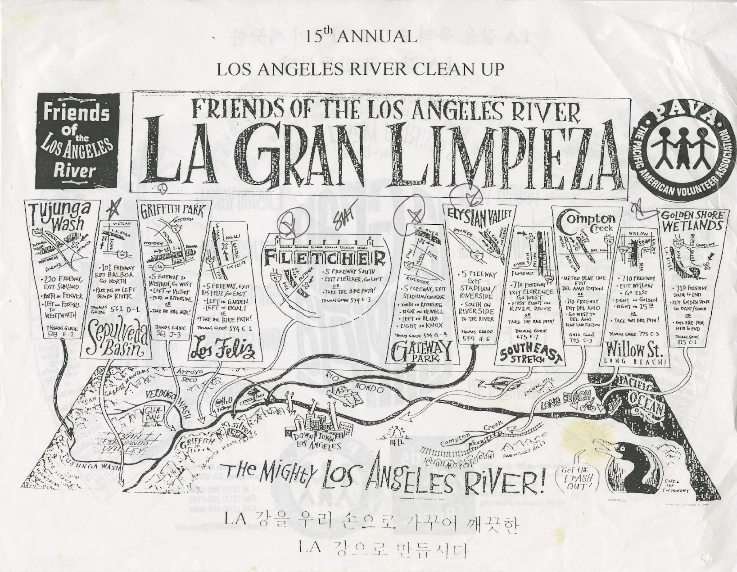 Hand drawn 15th Annual Los Angeles River Clean Up promotional map, also known as La Gran LImpieza and featuring neighborhoods along the LA River