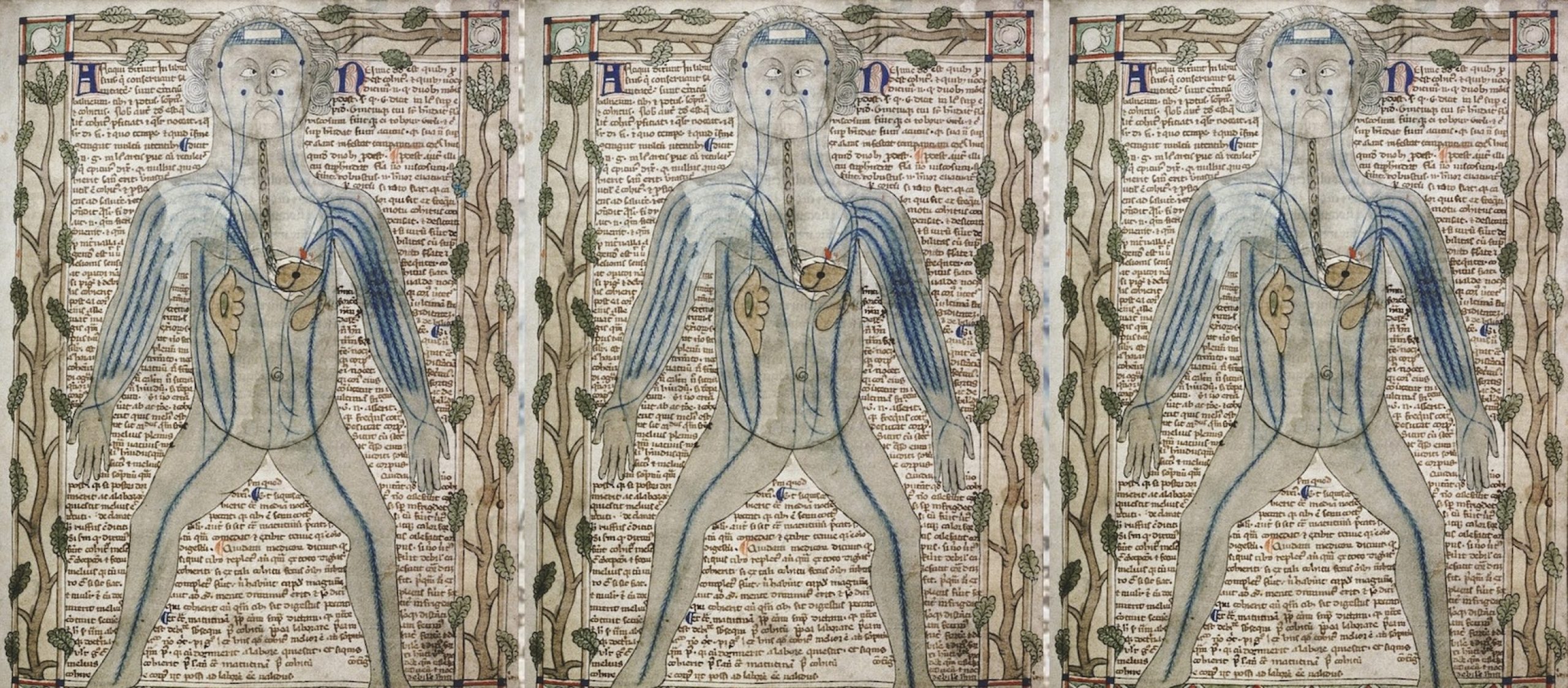 A drawing of a figure overlaid on a manuscript page three times