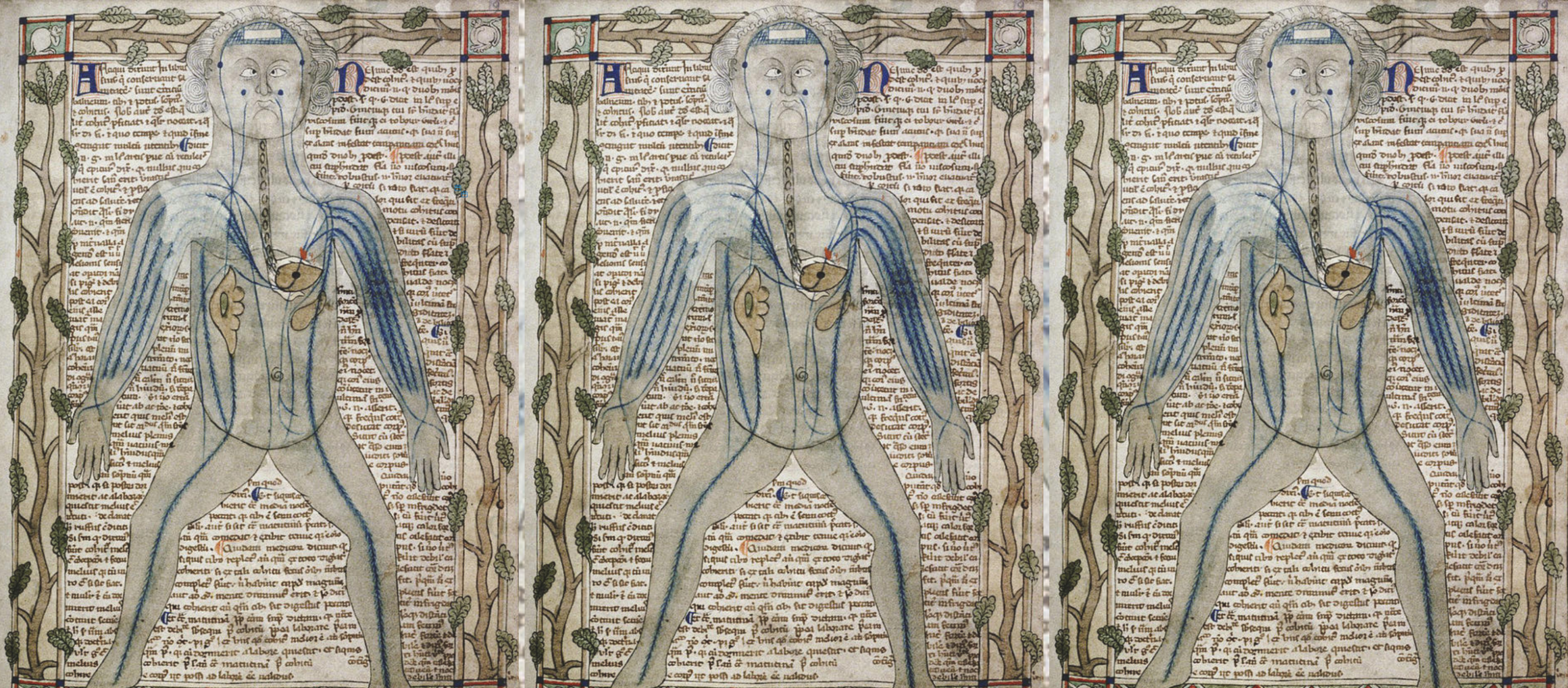 A drawing of a figure overlaid on a manuscript page three times