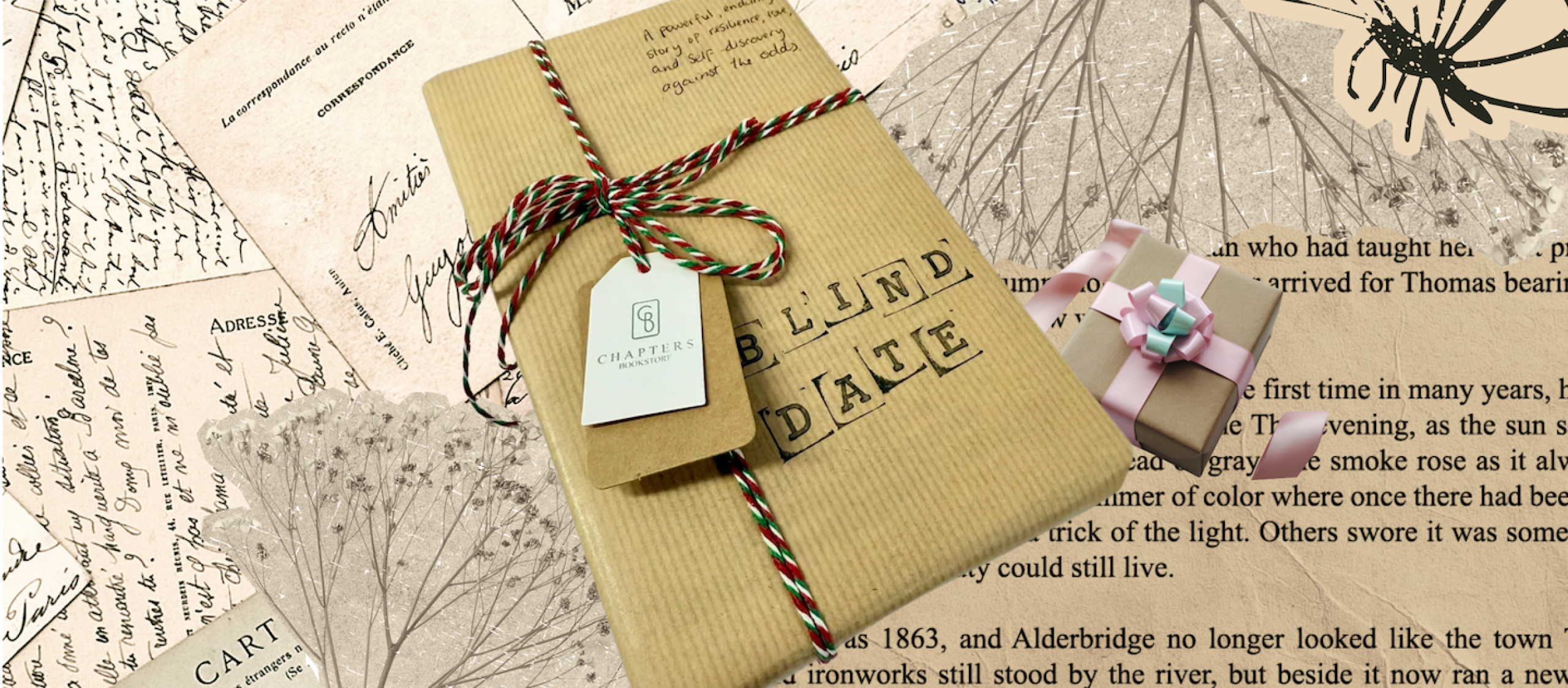 Background of pages from different books with a book wrapped in paper and tied with a ribbon laying on top next to a small wrapped box with a bow