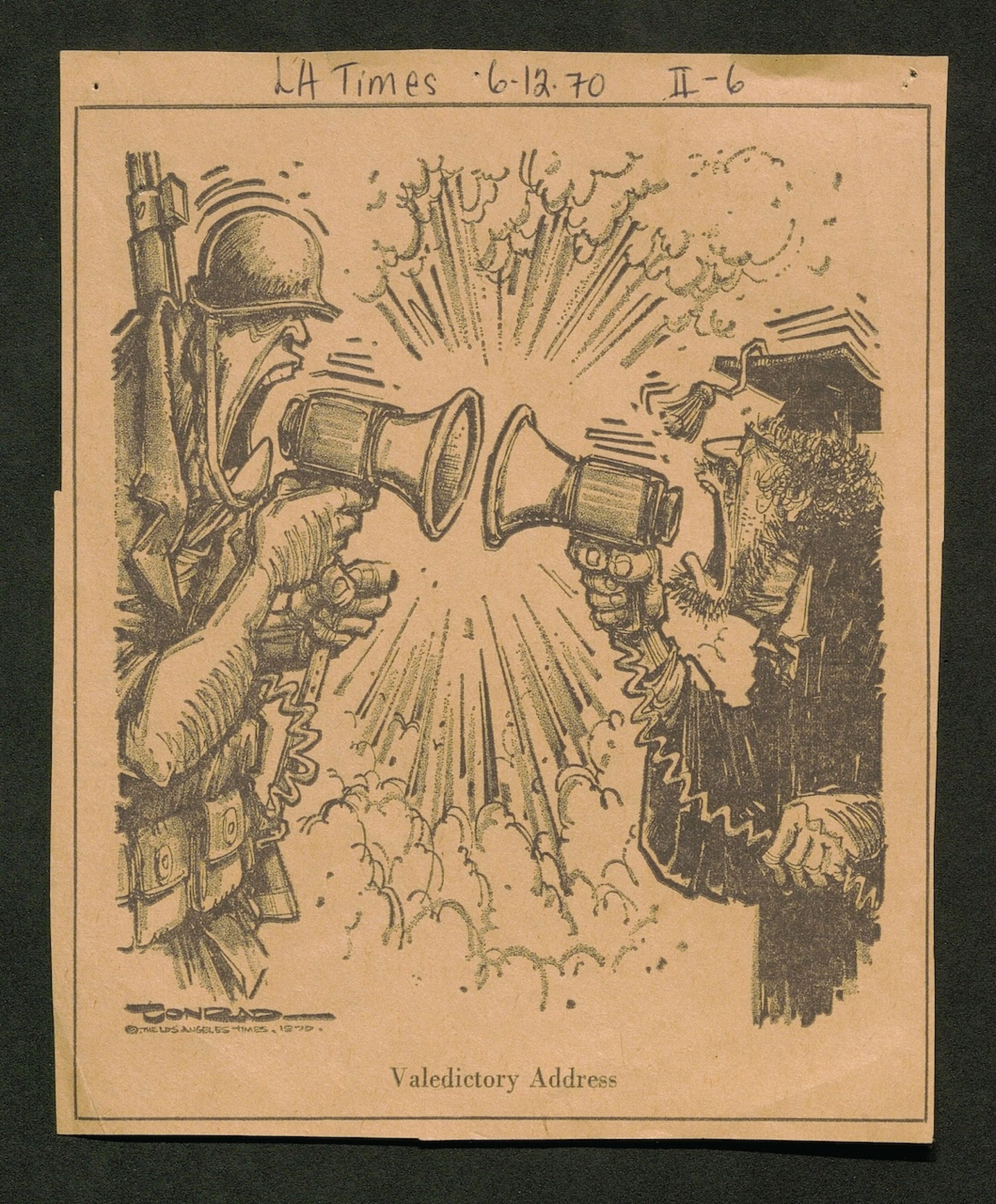 “Valedictory Address” political cartoon of a man in tactical gear and a man in a graduation cap and gown yelling at each other with megaphones.