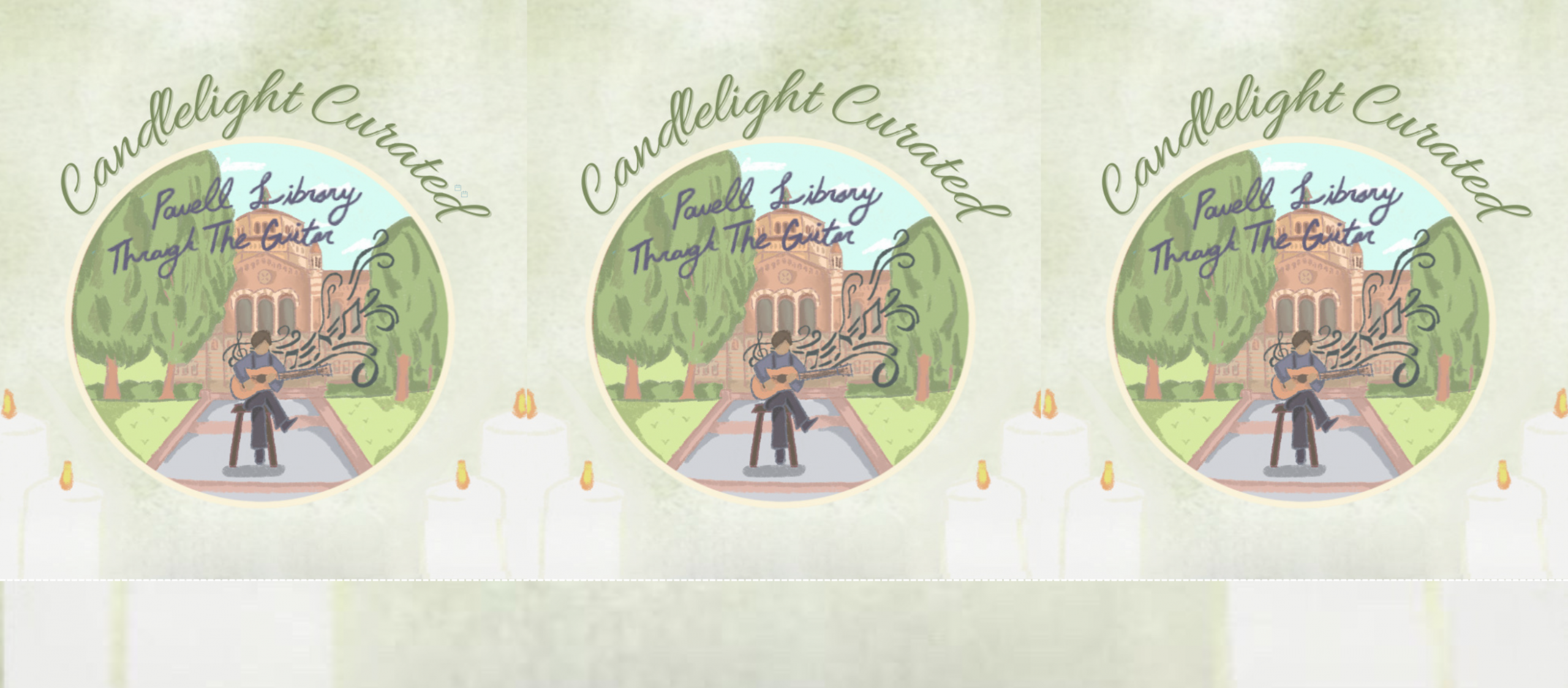 drawing of person playing a guitar in front of Powell Library