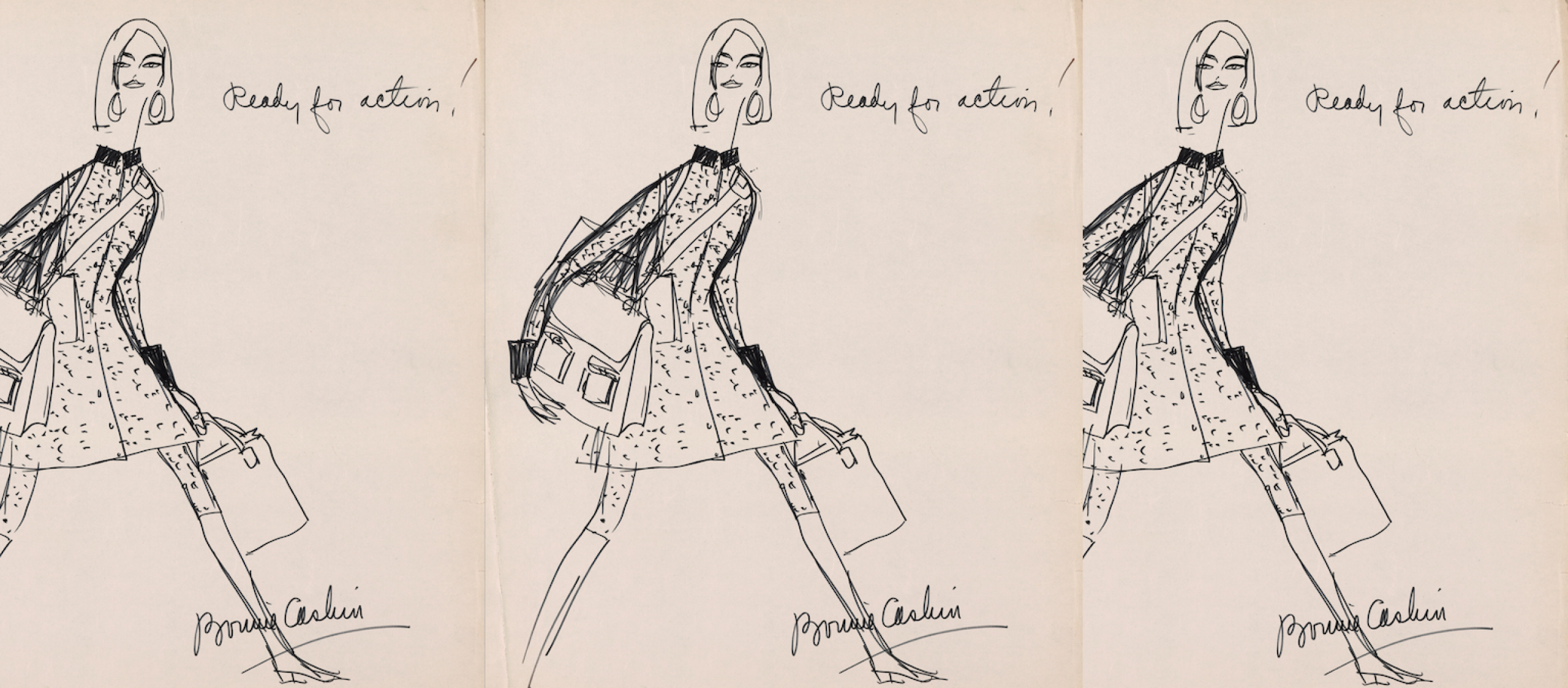 3 repetitive sketches of woman in short dress and holding two handbags walking in stride