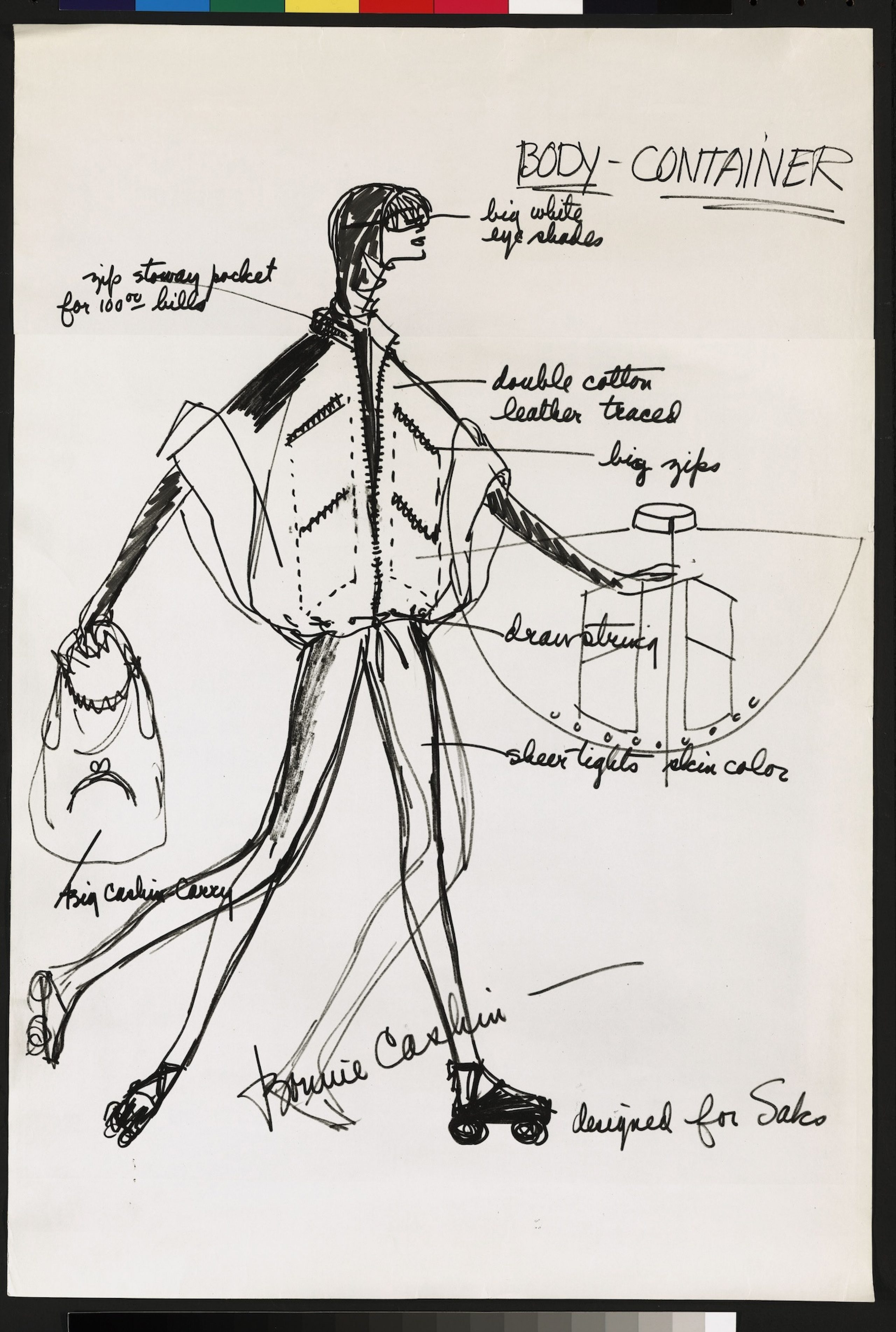 Cashins illustrations of clothing designs including a bicycling uniform a patriotic ensemble and body container for promotion at Saks Fifth Avenue
