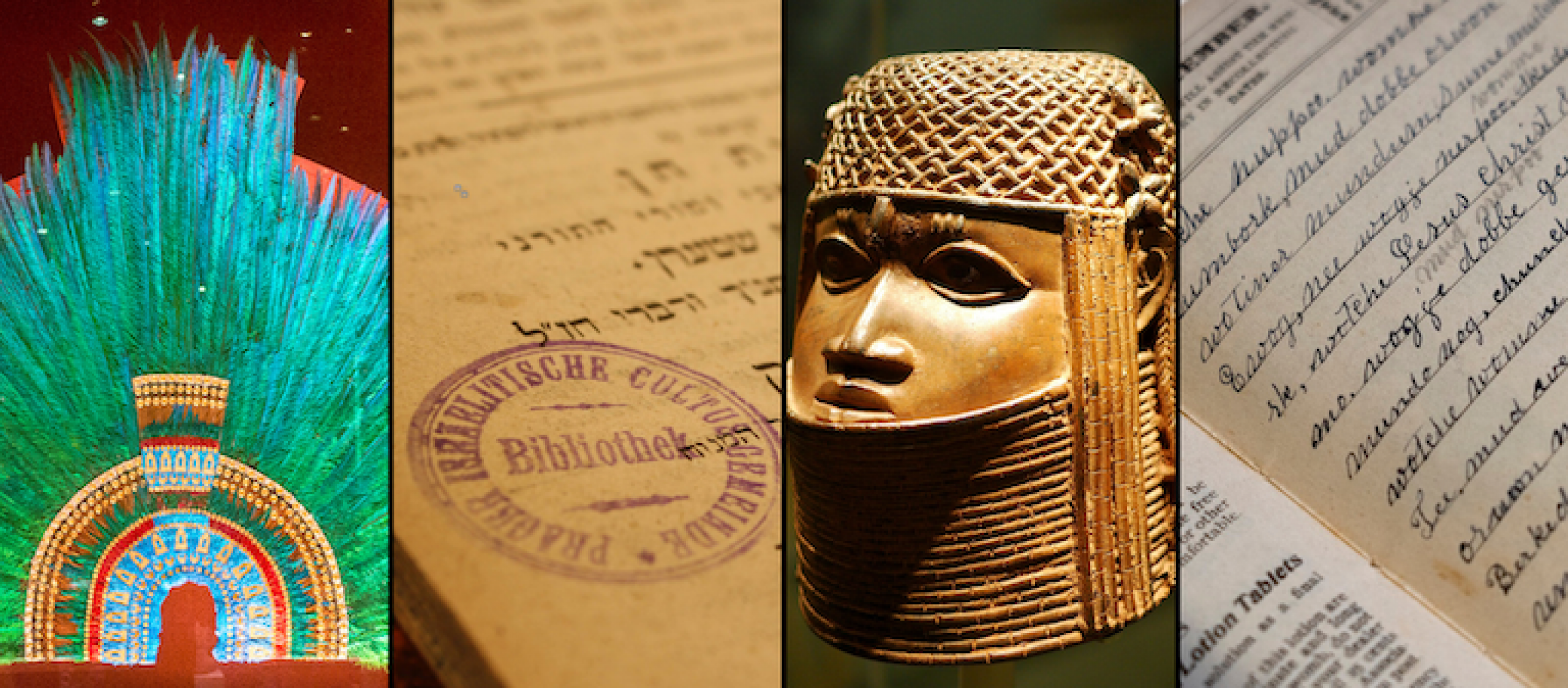 collage of replicated headdress, Hebrew book and bronze head