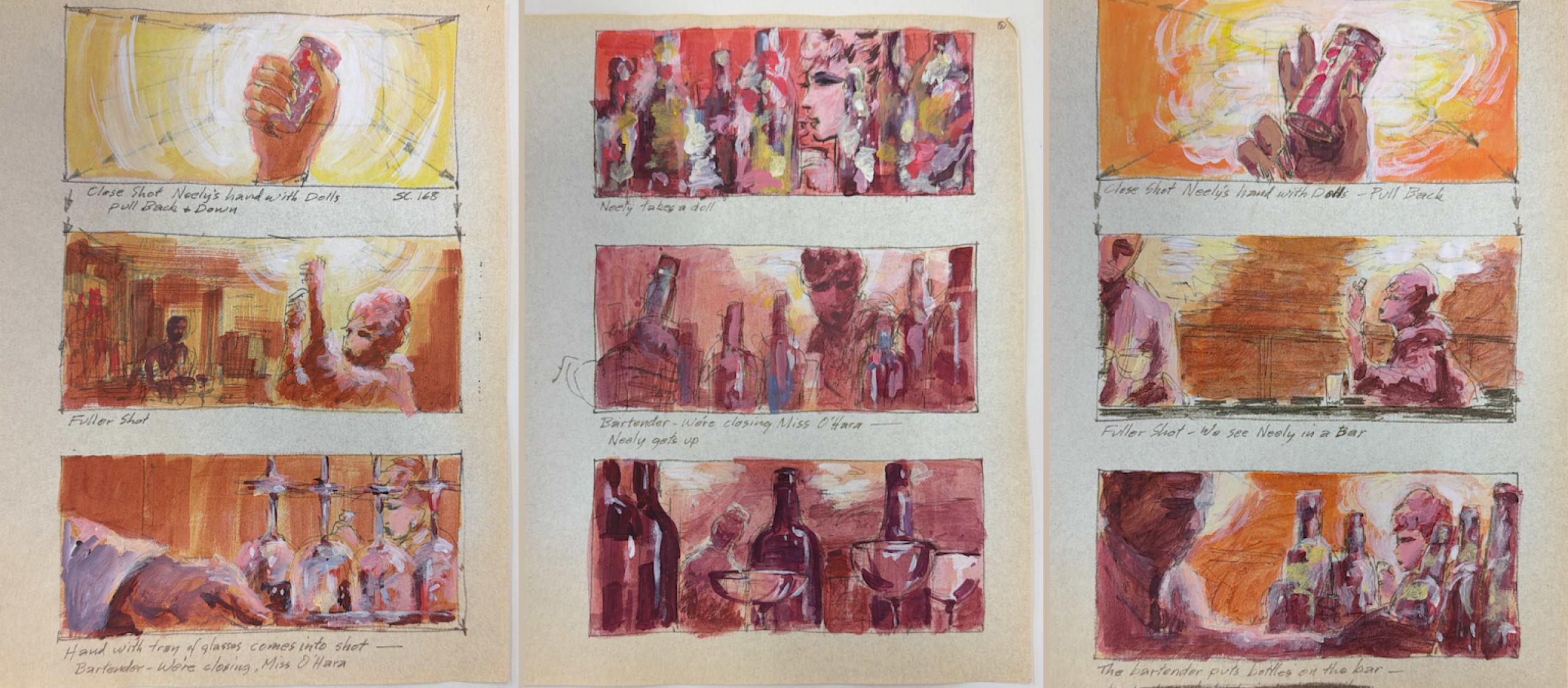 collage of colorful scene sketches from valley of the dolls film