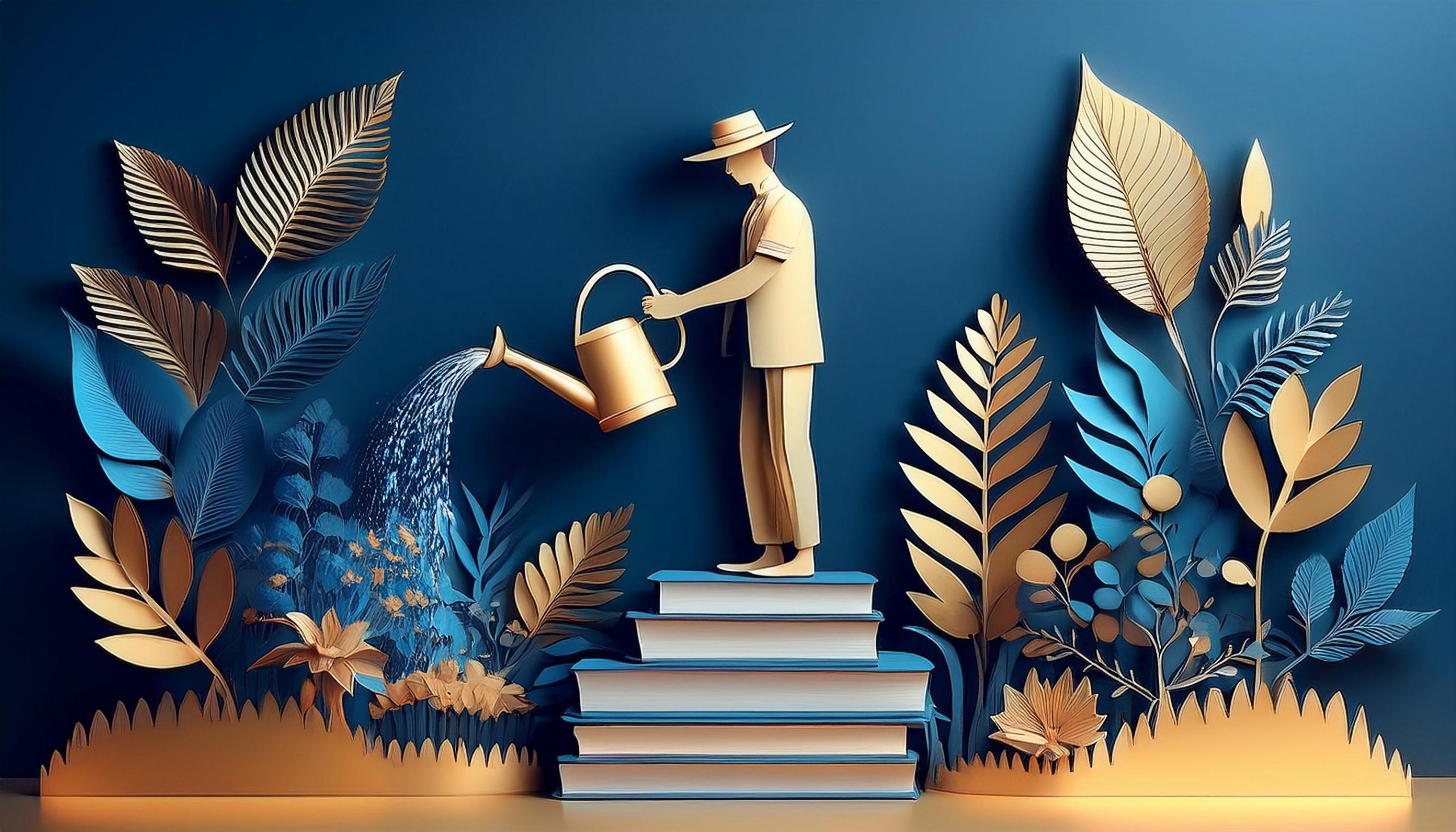 AI image of a person watering a garden standing on books