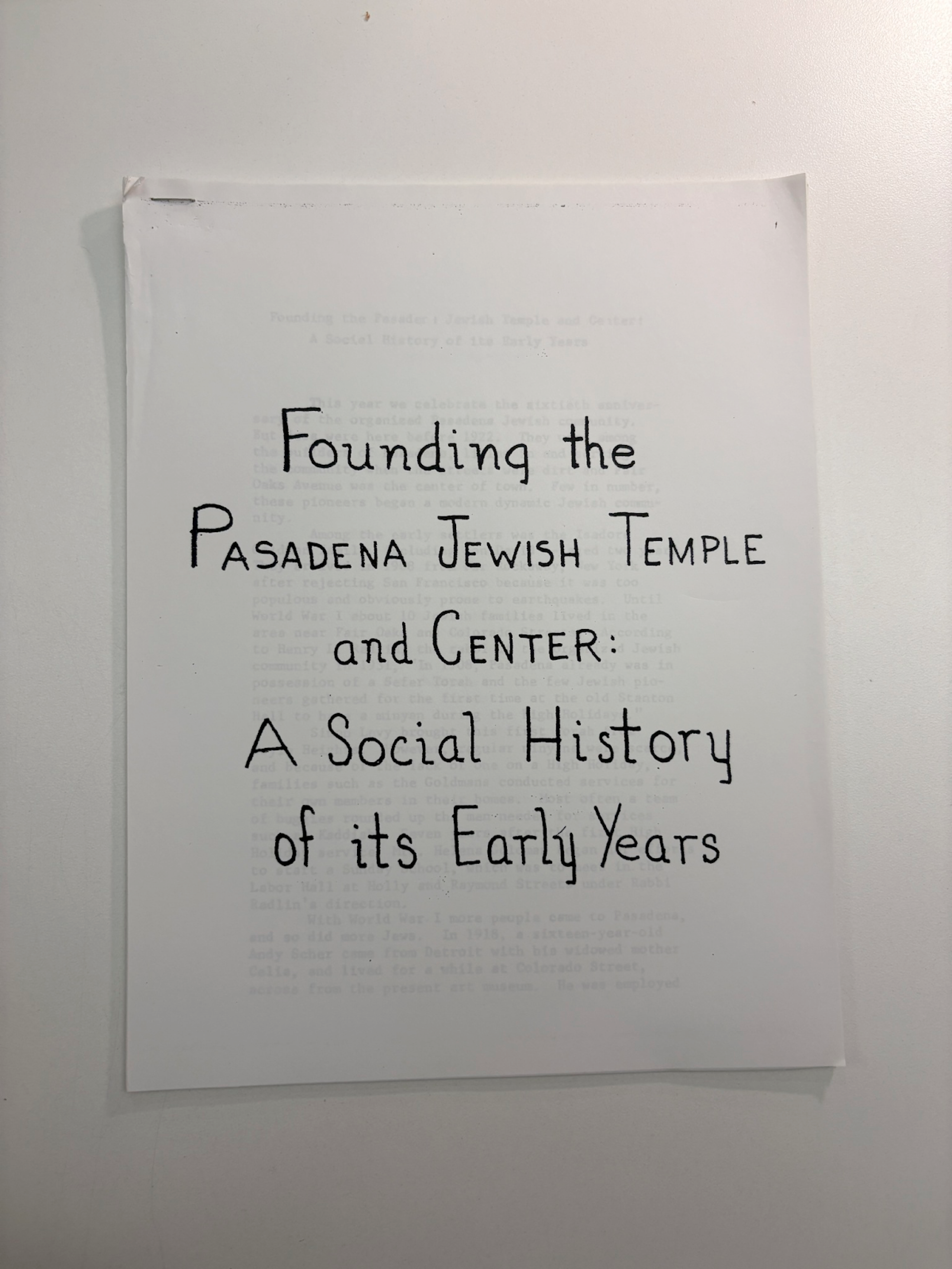Social history document of the Pasadena Jewish Temple and Center's founding