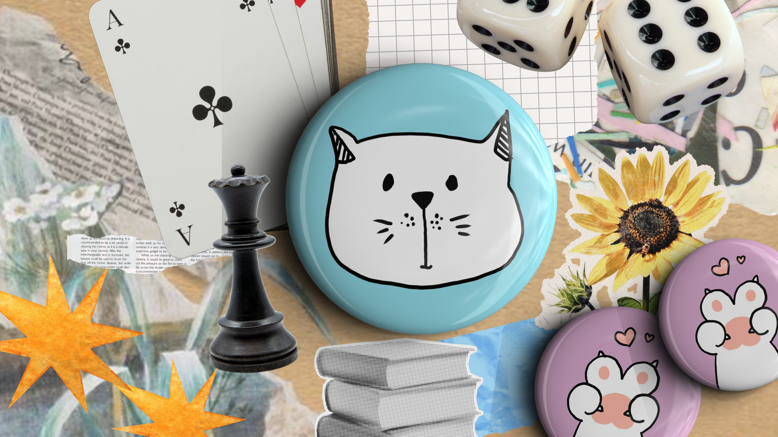 a selection of cards and game pieces, including parchees, checkers and dice