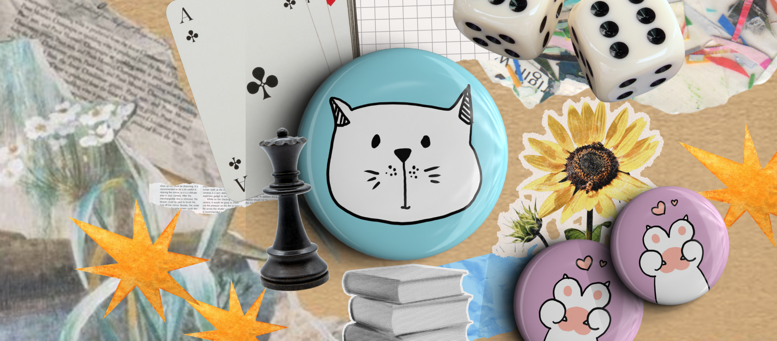 graphic collage of a pinback button with a cat face, a black chess piece, playing cards and a set of dice