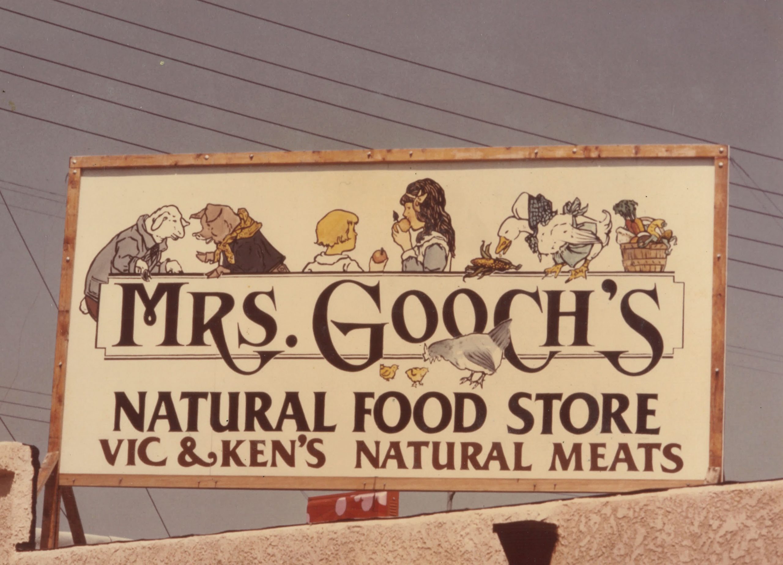 Store sign "Mrs Gooch's" with illustrations of people and animals