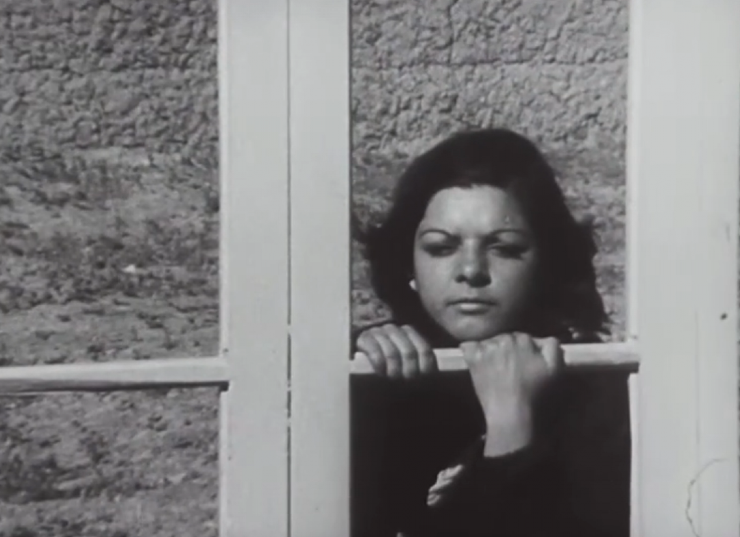 woman looking through panel while holding onto a bar