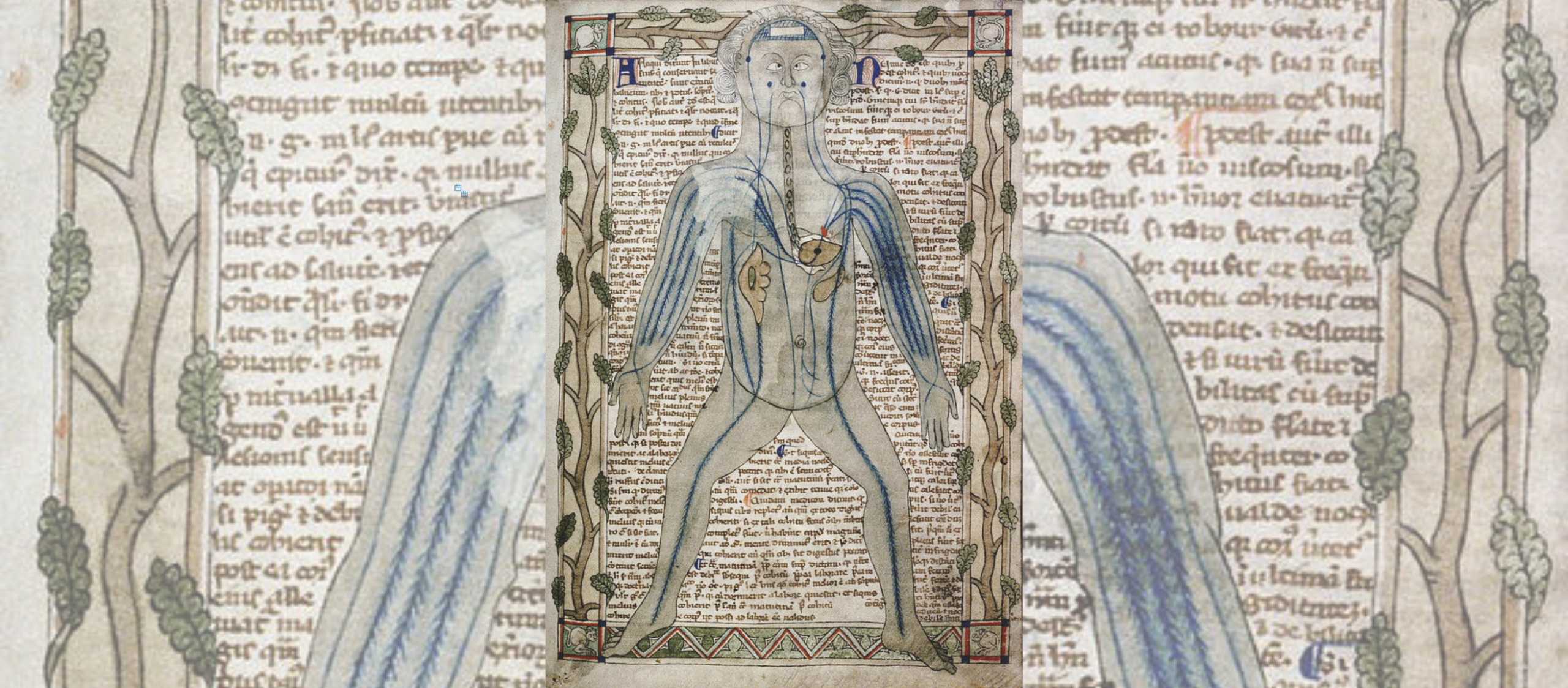 A drawing of a person overlaid on a manuscript page