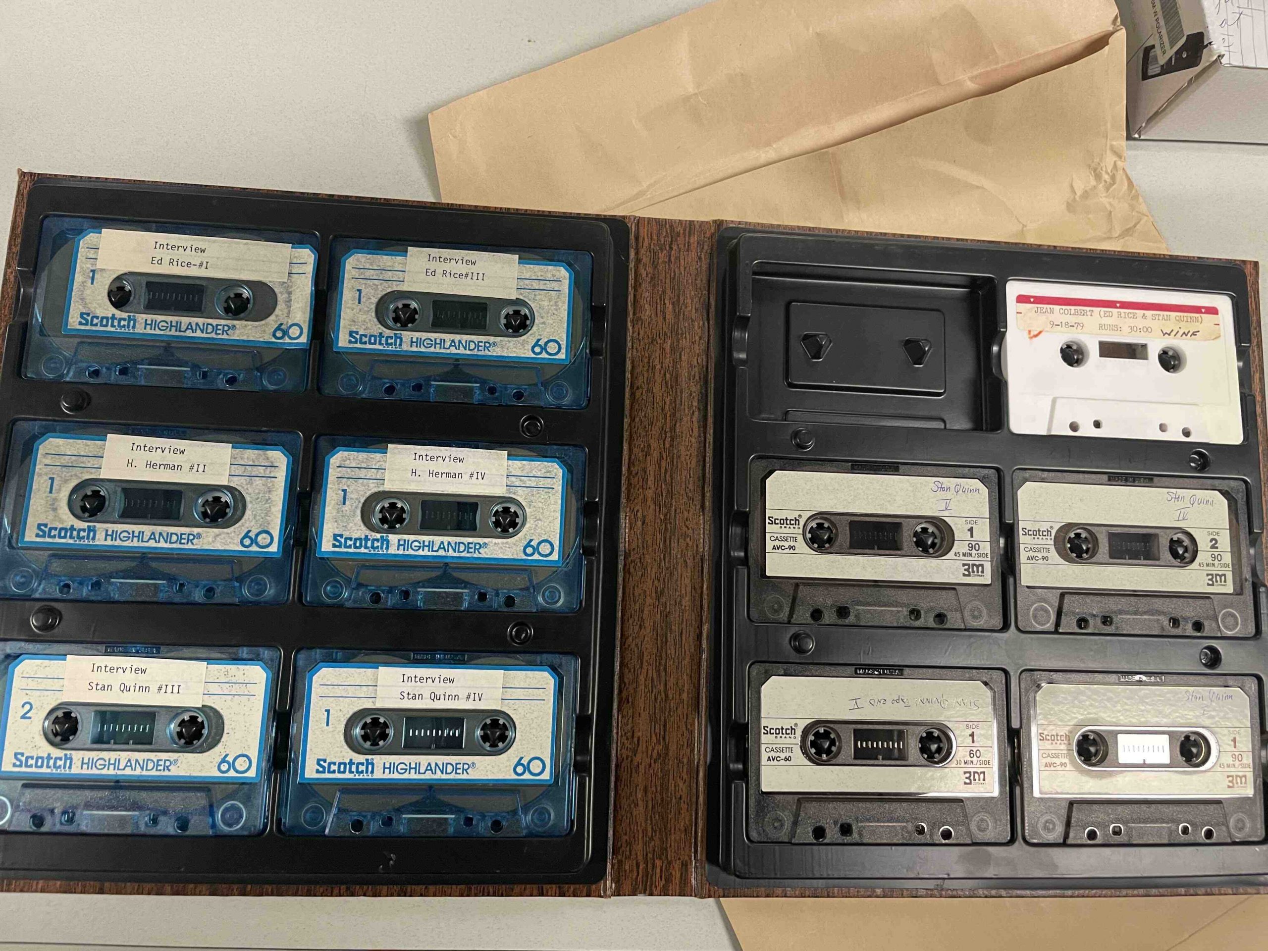 A binder of audio cassettes from the Stanley Quinn papers