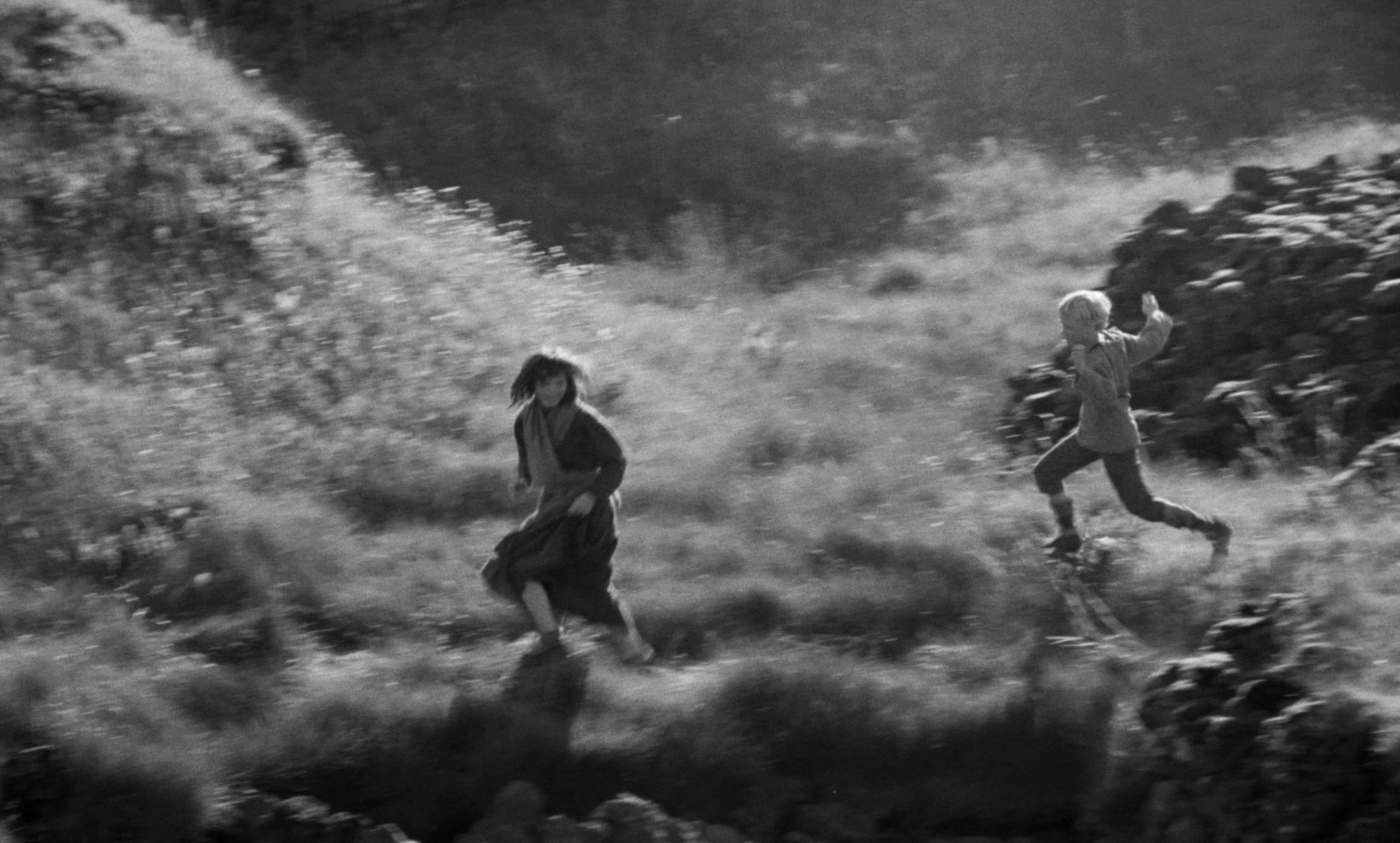 Two children running through a dreamy meadow
