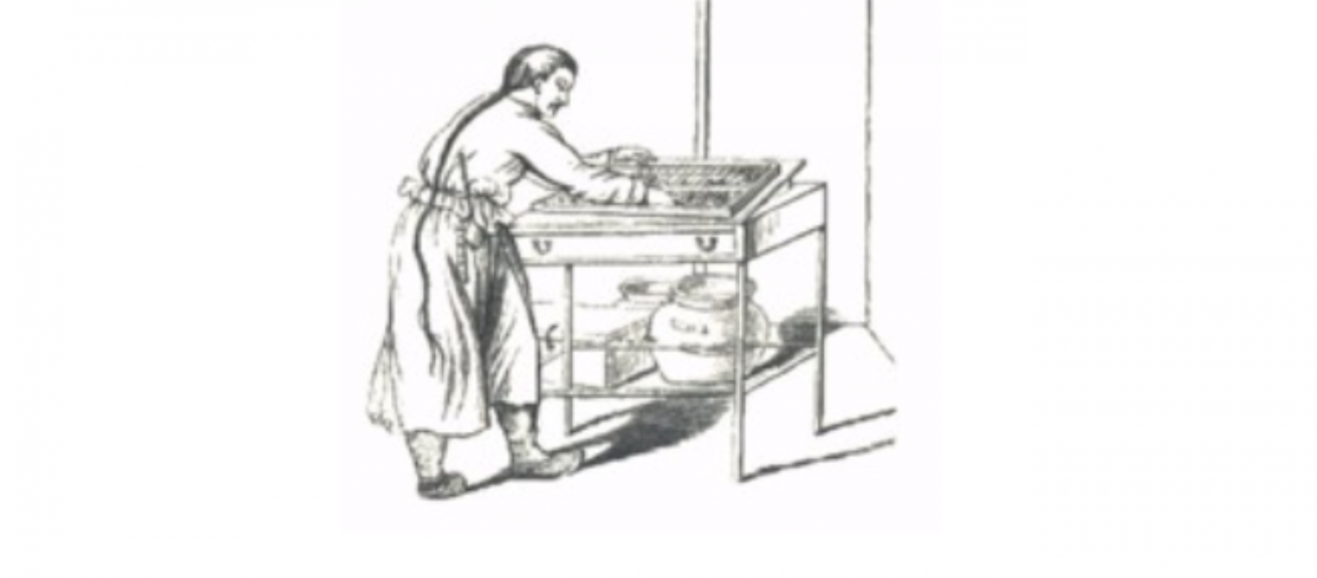 drawing of man working at an old book printing machine