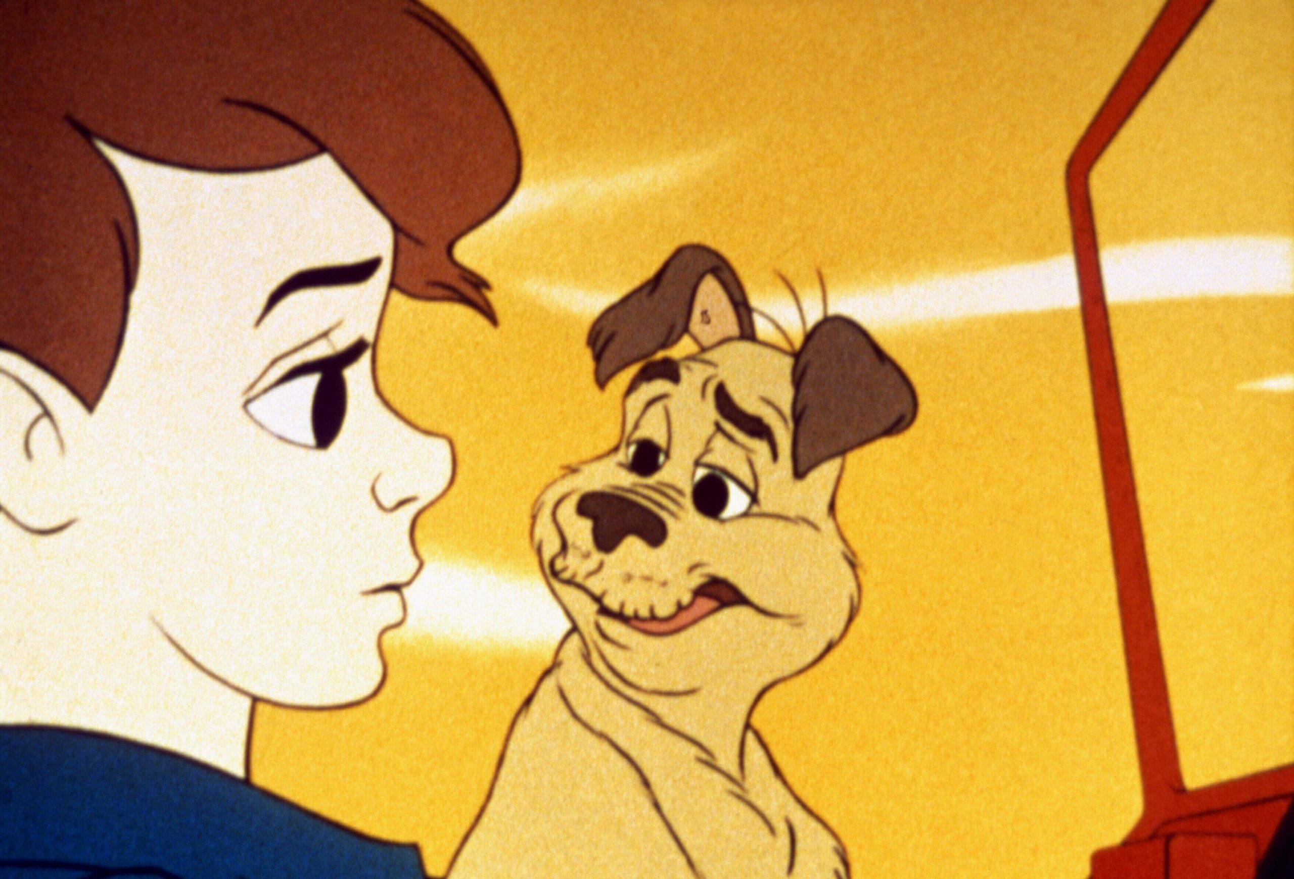 A cartoon of a little boy talking to a dog