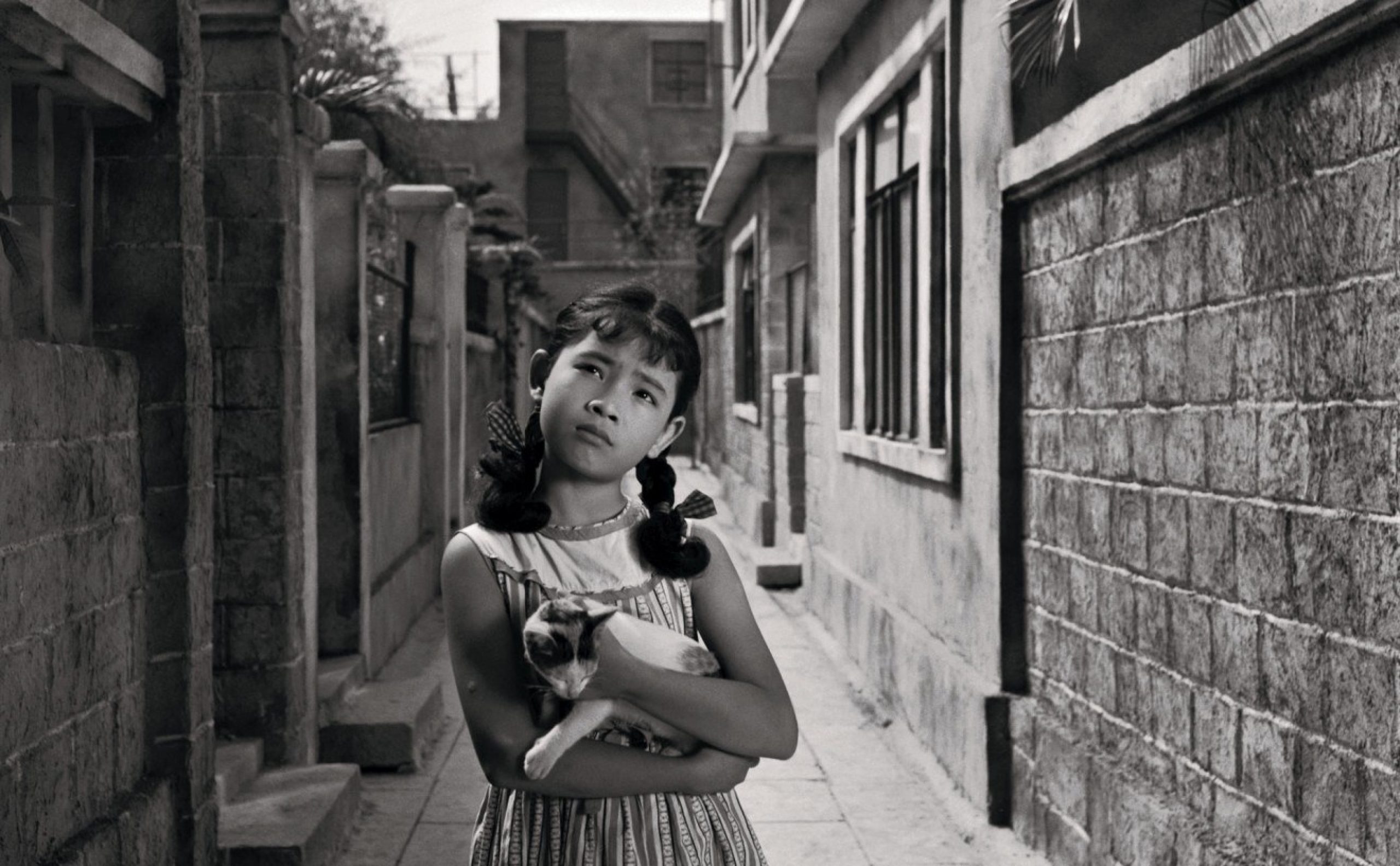 Young girl holding a cat and standing between two buildings