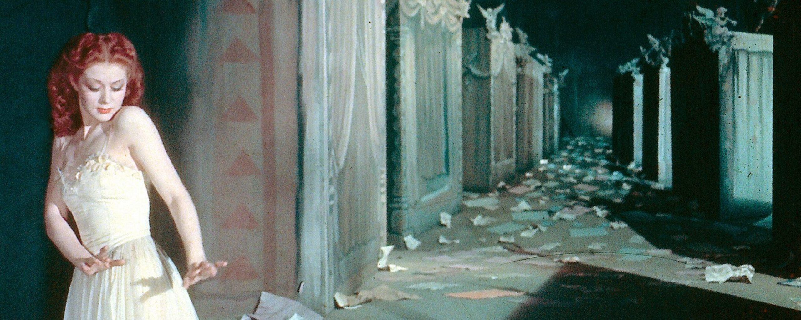 illustration of "The Red Shoes" featuring a woman standing in a long hallway