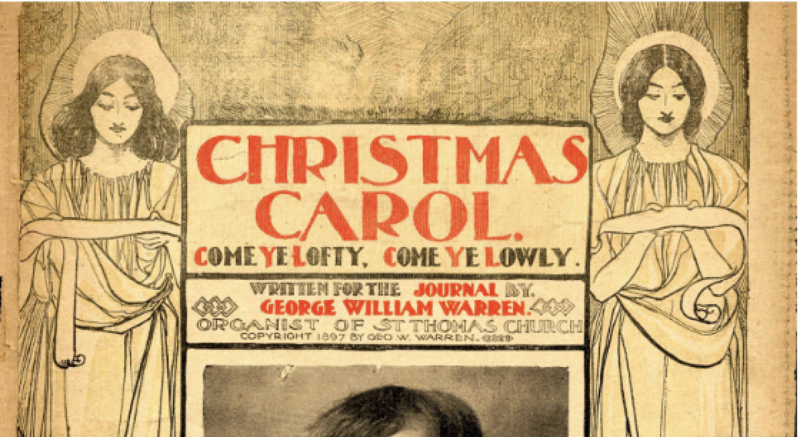 Sheet Music Consortium homepage featuring vintage ‘Christmas Carol’ sheet music cover with two illustrated angels and red title text.
