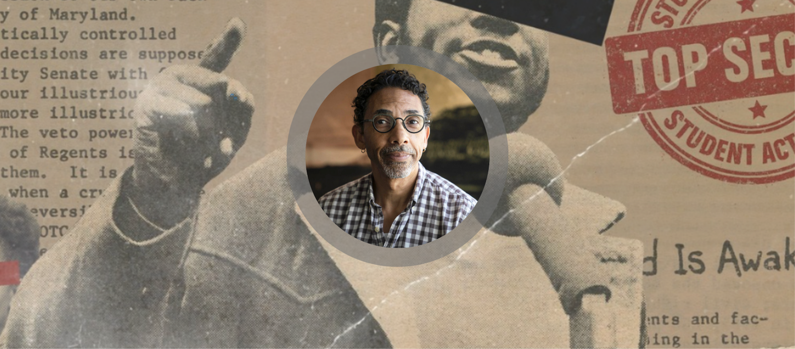 Headshot of Robin D.G. Kelley superimposed on background of man with black banner over his eyes pointing his finger emphatically