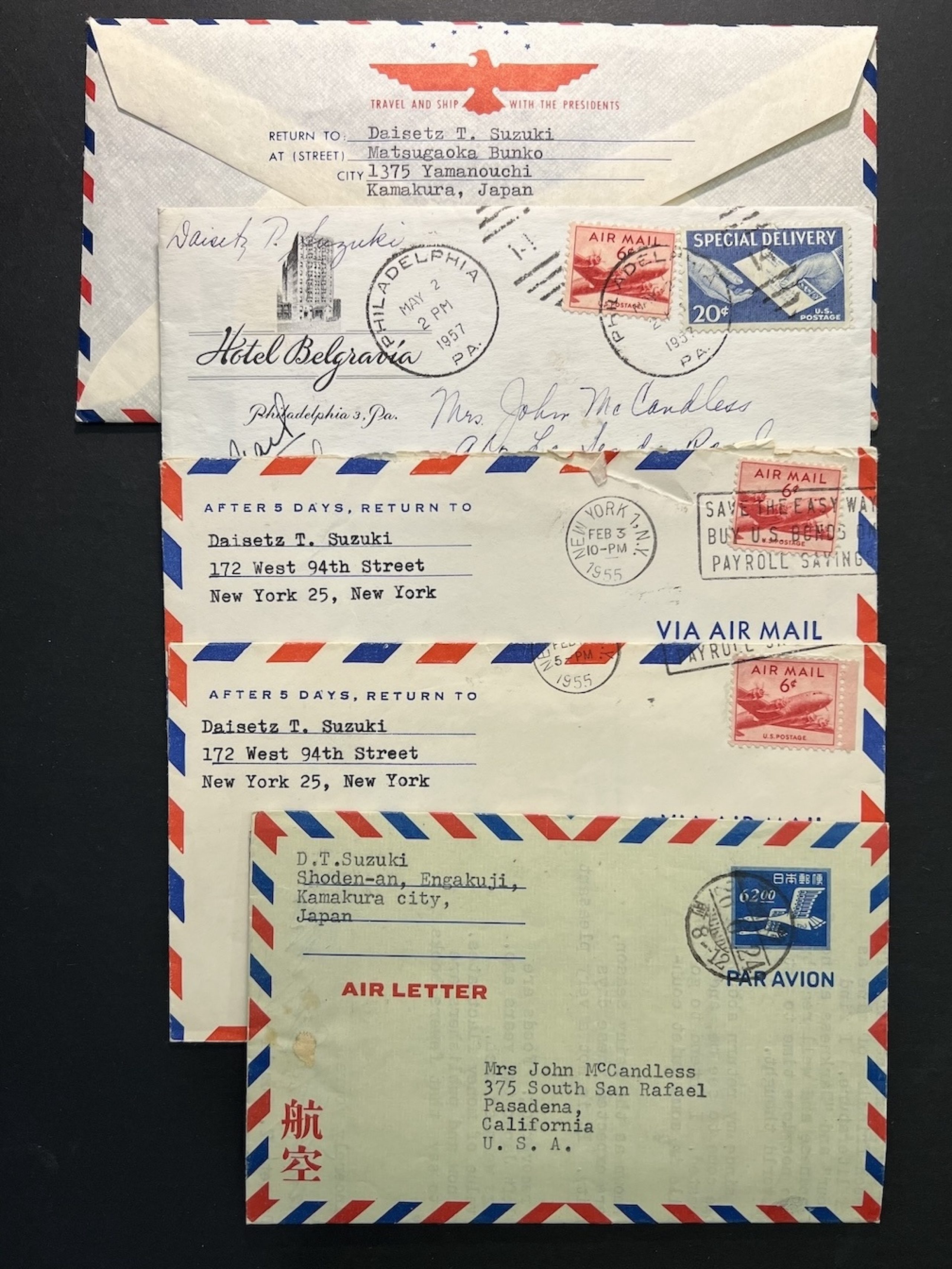 envelopes showing return address for D.T. Suzuki