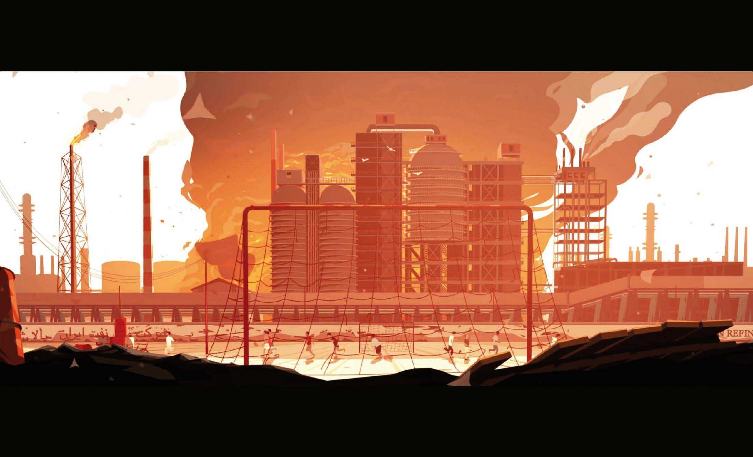 A cartoon of a factory on fire in the background of a soccer field