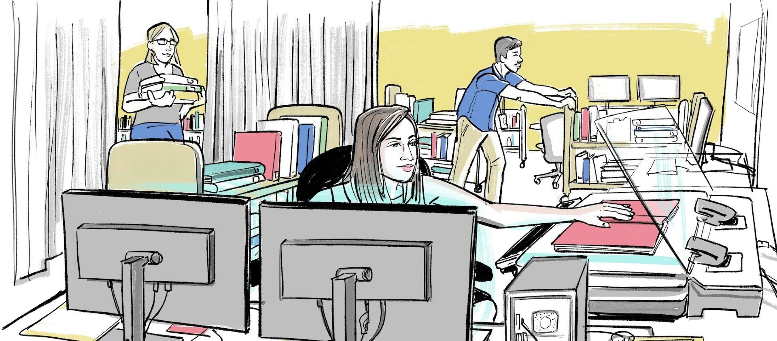illustration of interior of SLF South with employees working with books