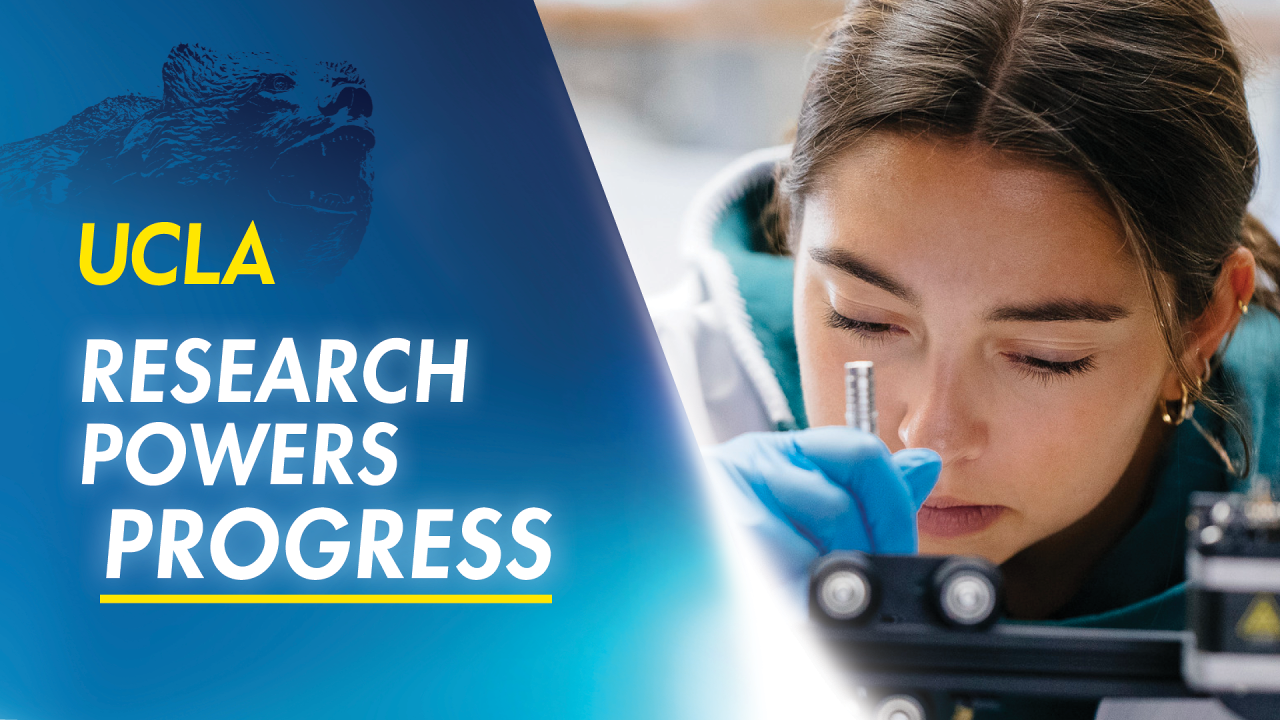 Logo "UCLA Research Powers Progress" with student in a lab doing research