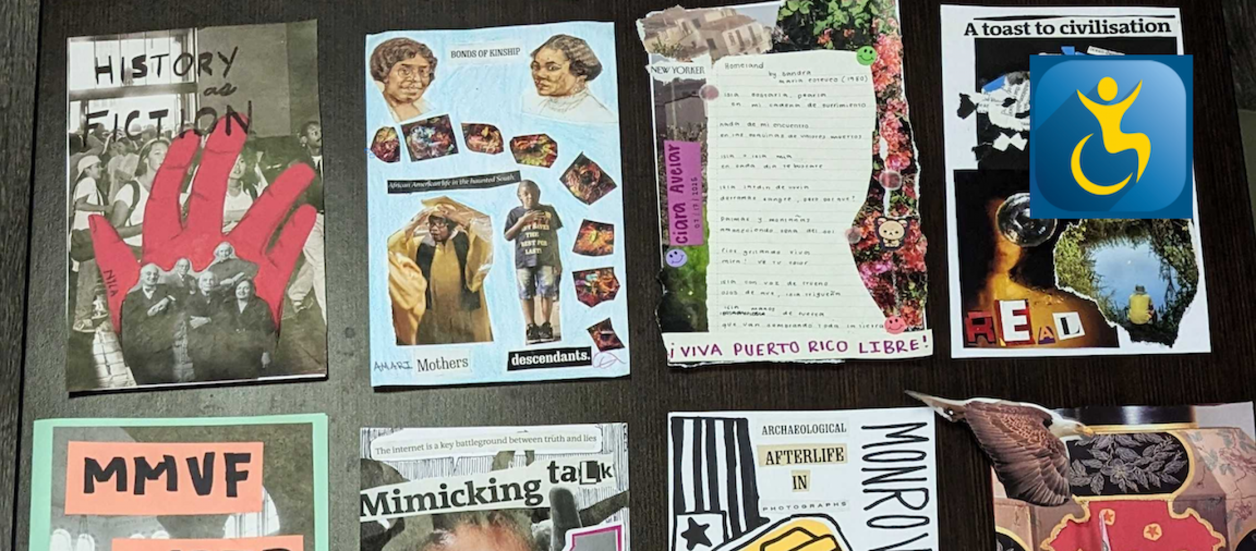collage of colorful zines with Disability Pride Week logo in upper righthand corner