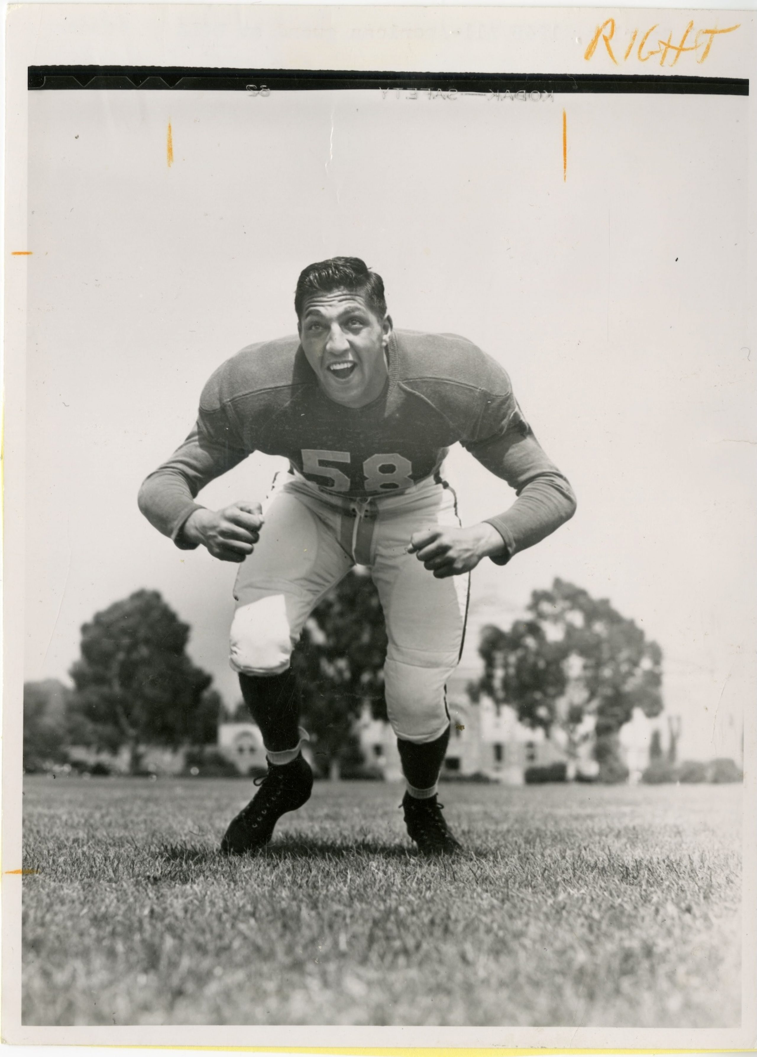 Al sparlis Black and white photograph of UCLA football player Al Sparlis on the field in 1945 wearing his uniform