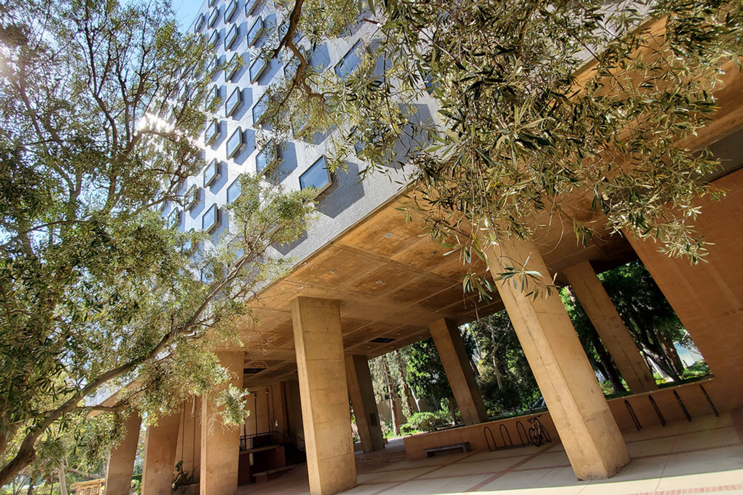 Exterior shot of elevated building with protruding square windows