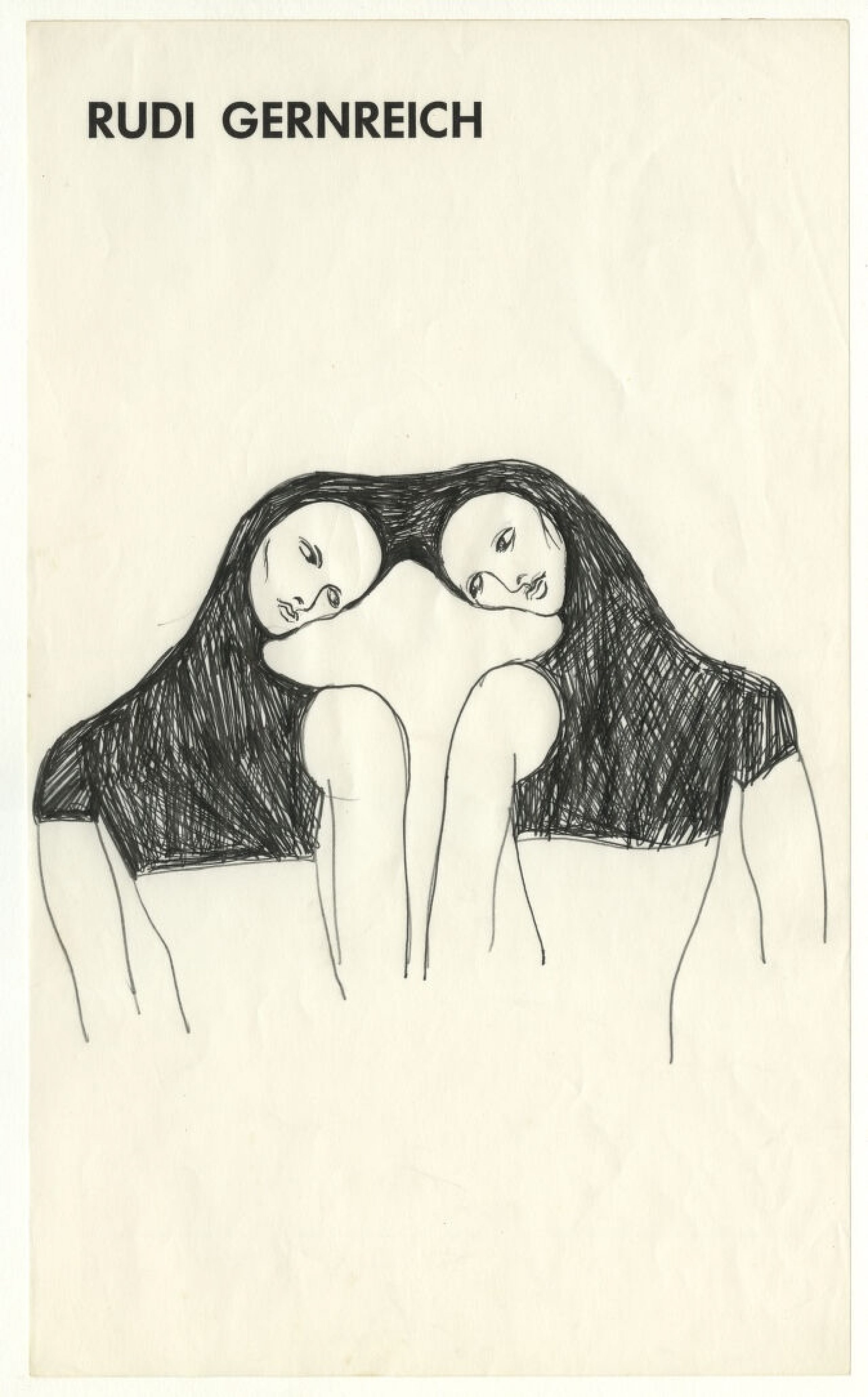 black and white sketch by Gernreich, with two figures facing each other, attached at the head