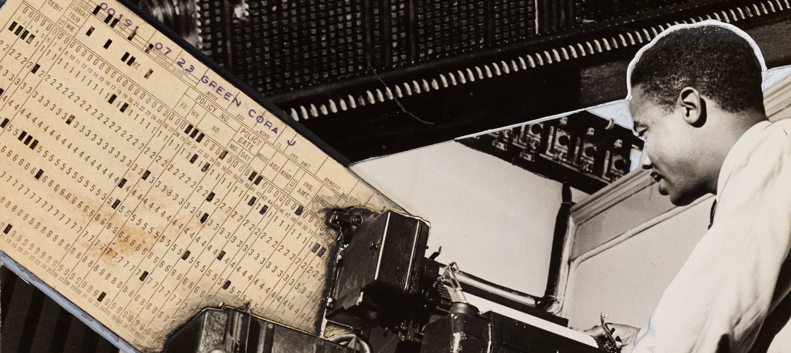 A collage of black and white photos and a punch card