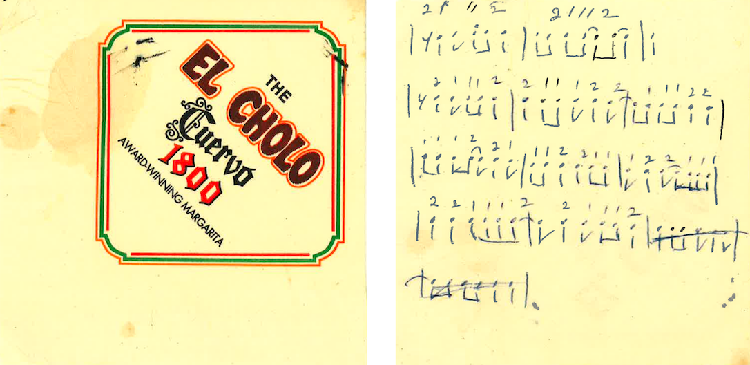 Front and back of El Cholo napkin with handwritten music.